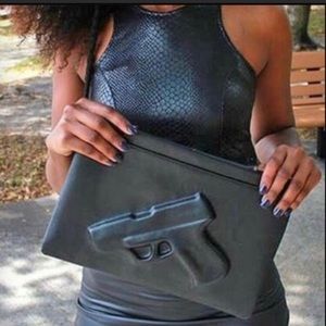 Black GUN Embossed Print GUARDIAN ANGEL Leather Crossbody Clutch Shoulder Purse